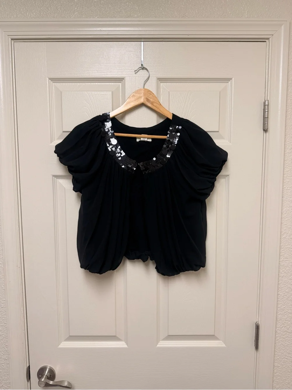 LOFT Black Sequin-Trim Short Sleeve Blouse